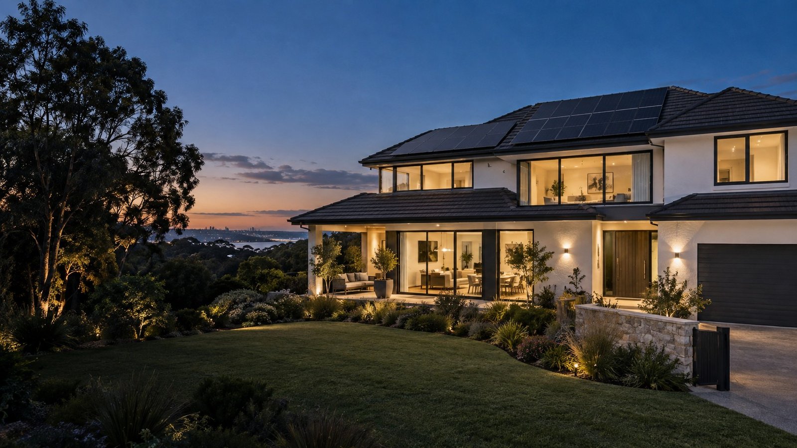 Illustrative premium home with rooftop solar at dusk